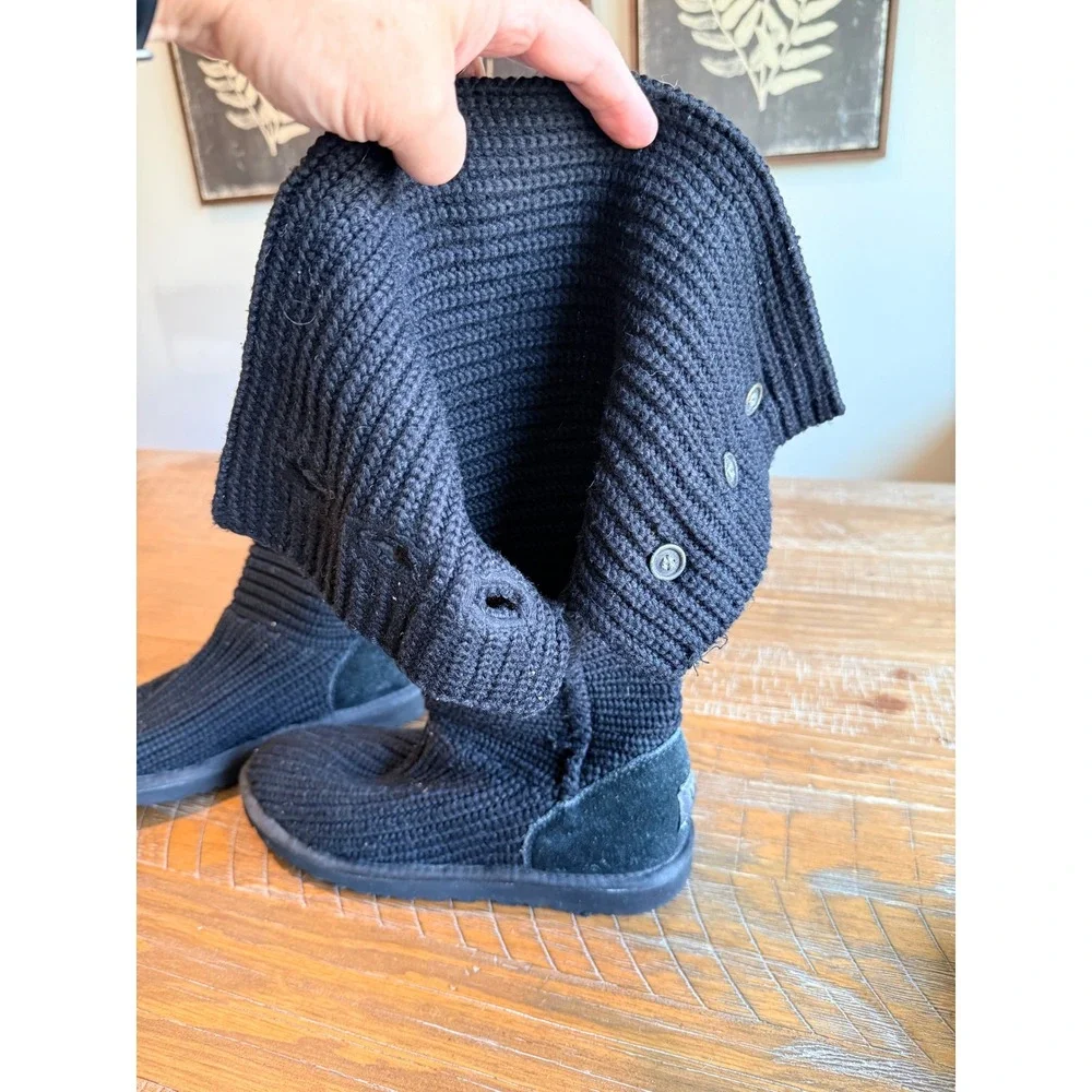 UGG Australia Womens Classic Cardy Black Knit Tall Button Slouch Boots Fall Cozy